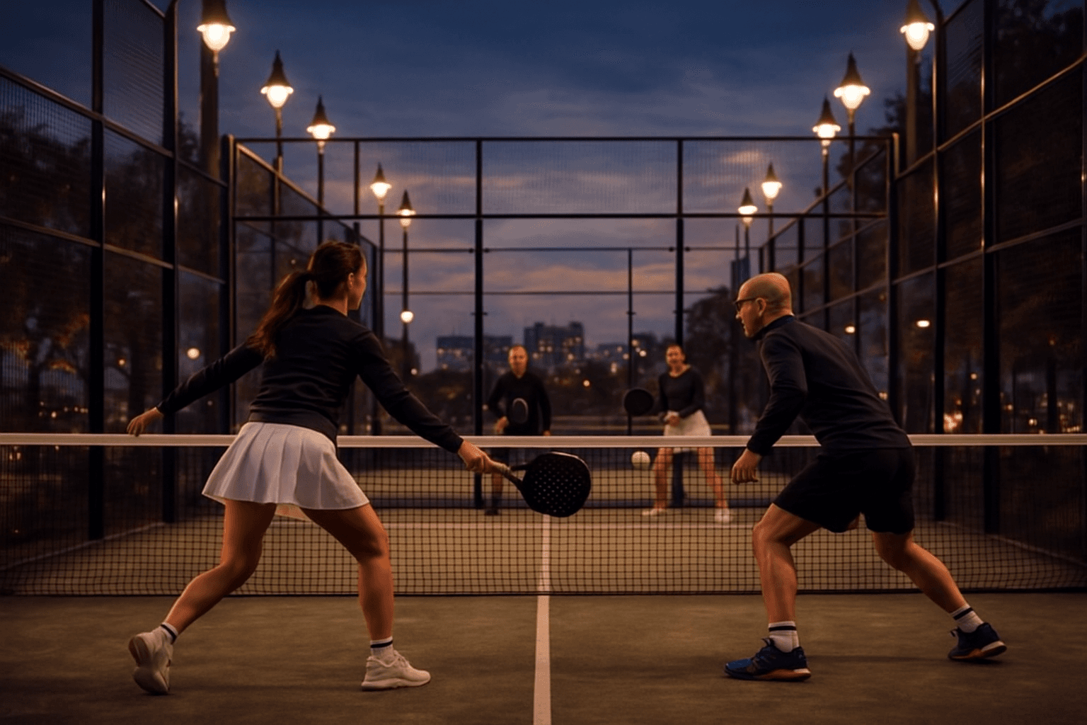 Jugador de pádel realizando un golpe junto a la red